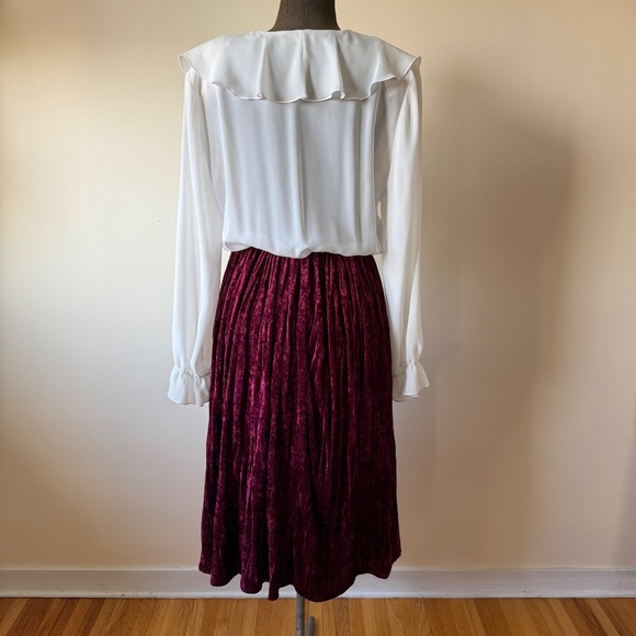 Unique Vintage 90s Burgundy Velvet Ruffle Blouse Dress - Picture 2 of 9